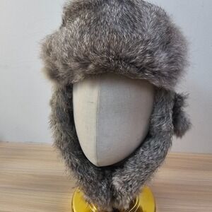 Mad Bomber Trapper Hat MEDIUM Black REAL Rabbit‎ Fur Bomber Aviator Skiing Logo